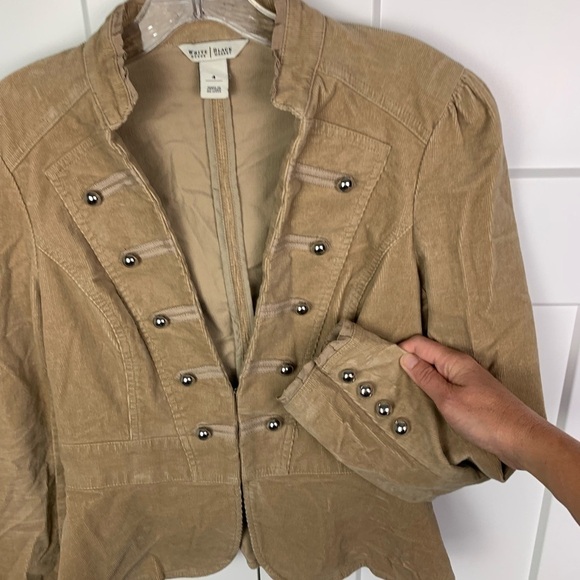 White House Black Market Size 4 Tan Corduroy Military Jacket Silver Button Stret - Picture 6 of 9